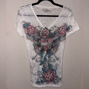 Affliction White and Pink Floral Graphic Tee